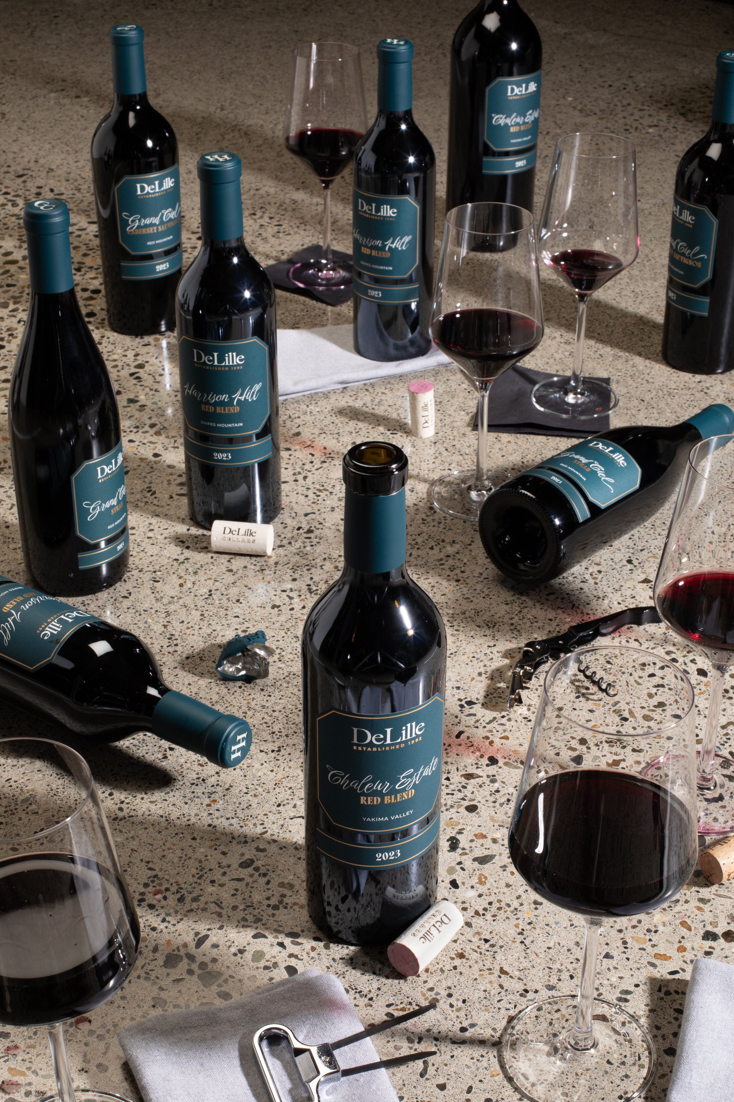 Branding & Packaging Design for DeLille Cellars. Project included brand strategy, positioning, brand guidelines & asset development and wine label / packaging design.