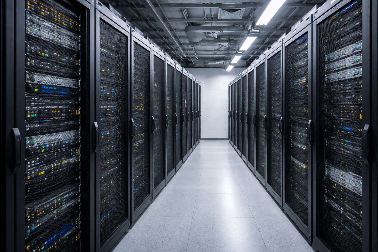 Data center aisle with server racks on both sides containing network equipment and blinking lights.