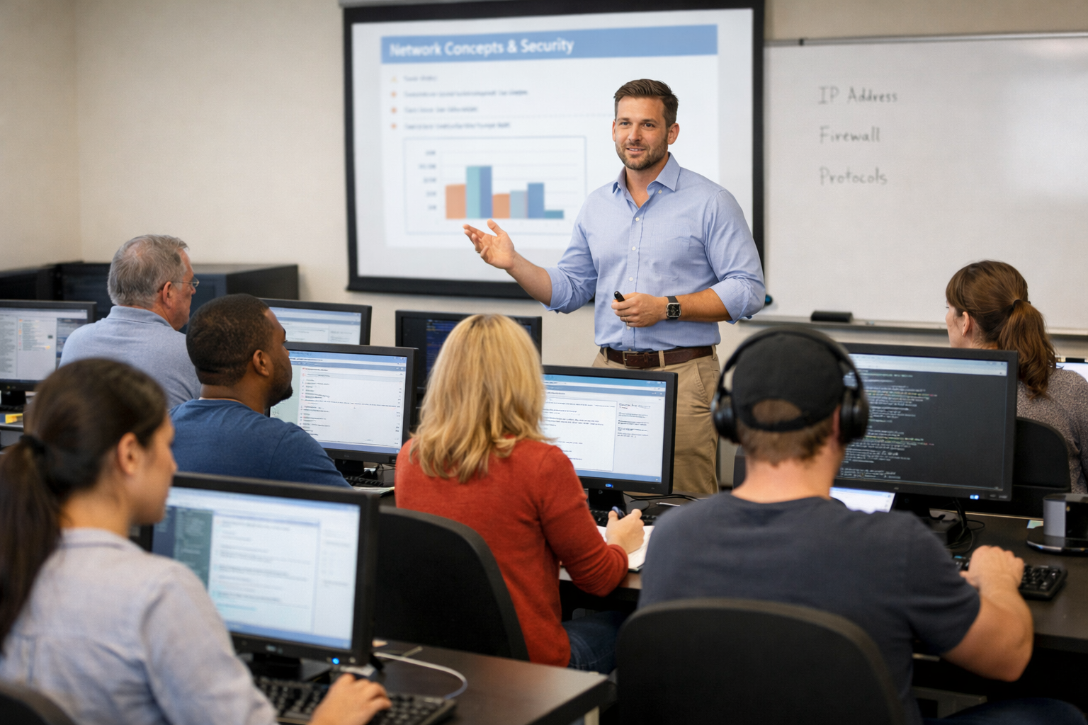 A man giving a presentation on network concepts & security to a classroom of students working on computers.