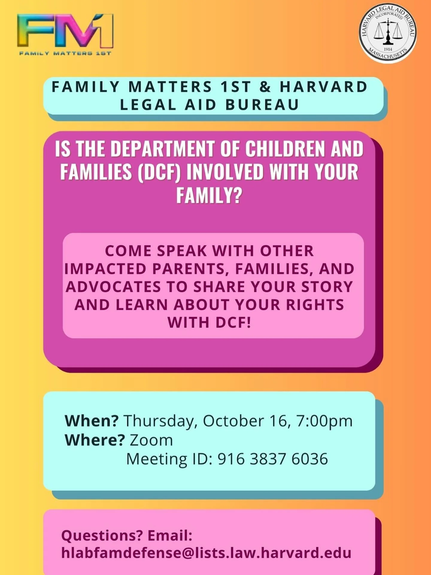 Community conversation for any parents, families, or caregivers facing DCF involvement!