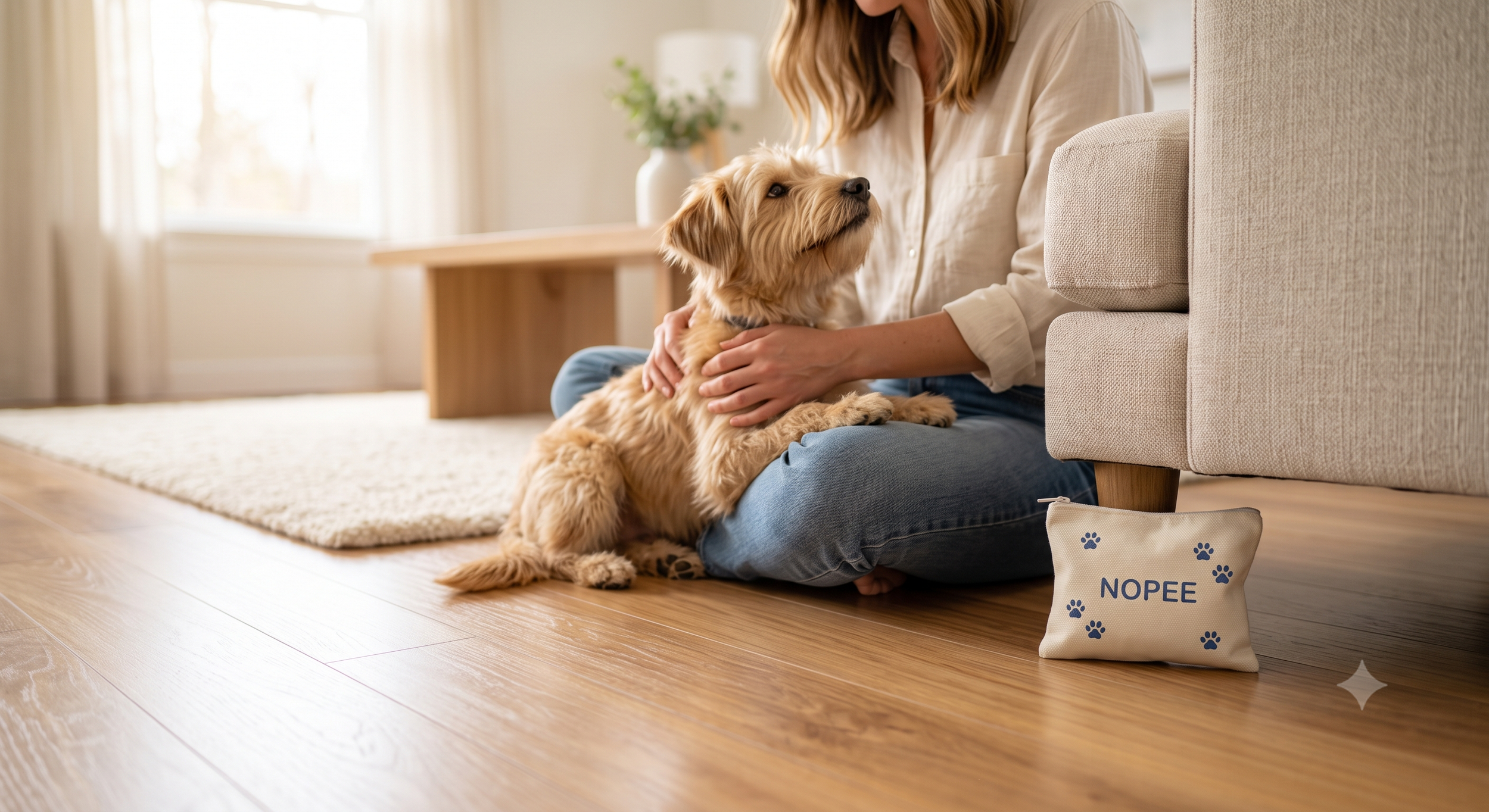 Pet owner sitting on the floor petting a dog in a clean home