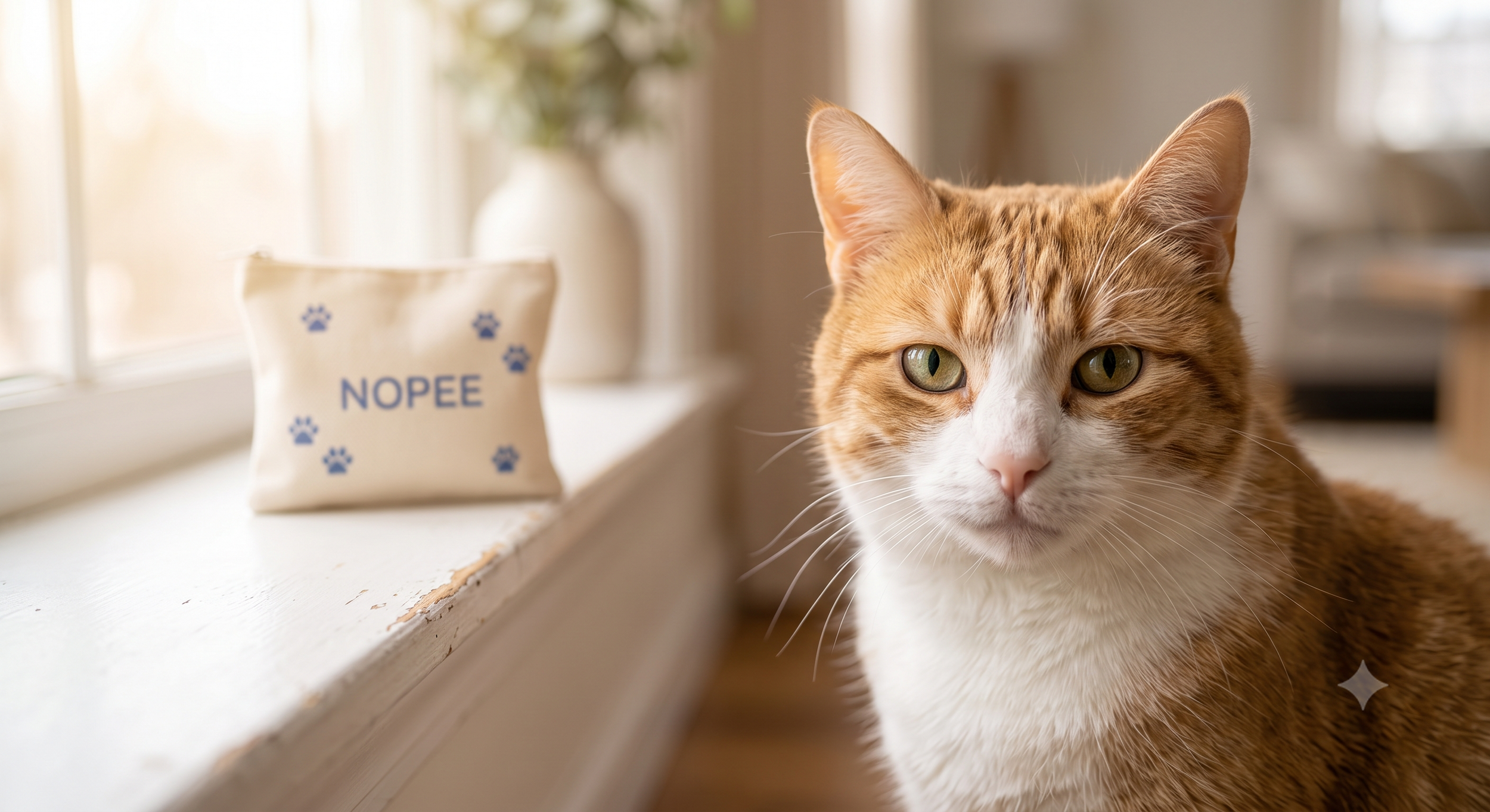 Close-up cat portrait with NOPEE sachet softly in background