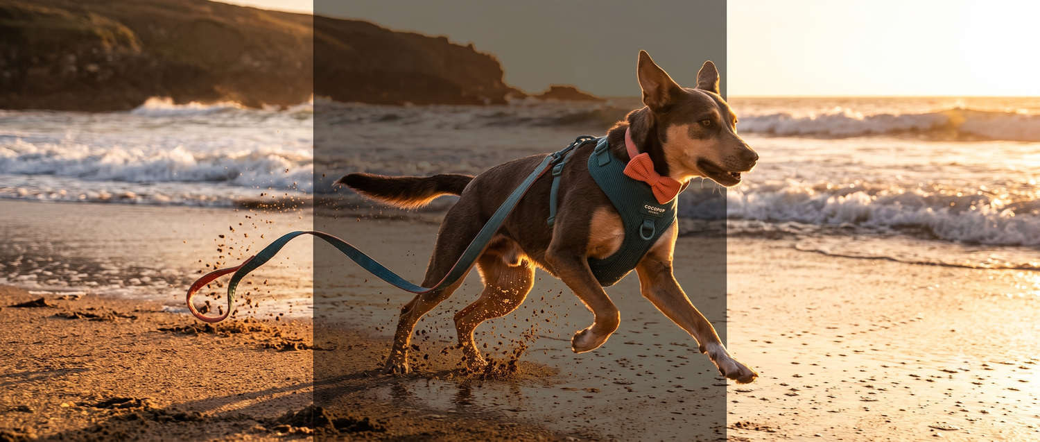 Dog in Coco Pup gear running on the beach — brand lifestyle