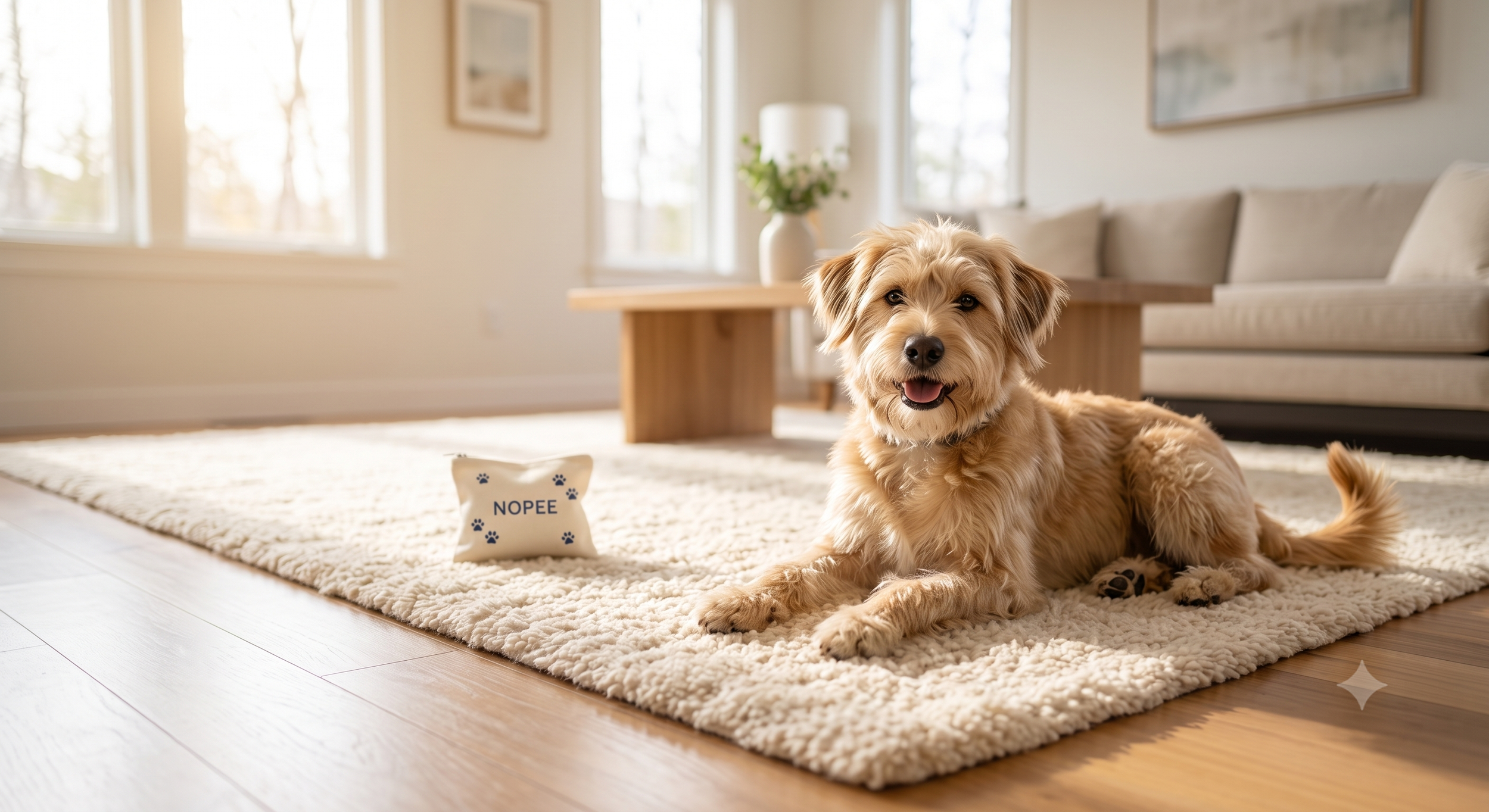 Happy dog resting on a cream rug with NOPEE sachet nearby