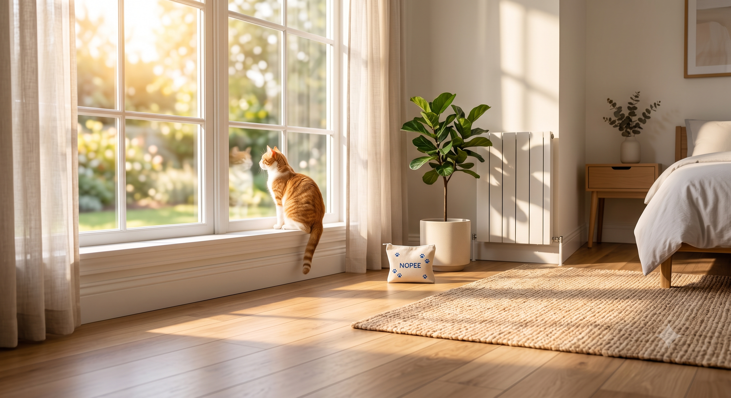 Cat looking out a sunny window with NOPEE sachet on the floor
