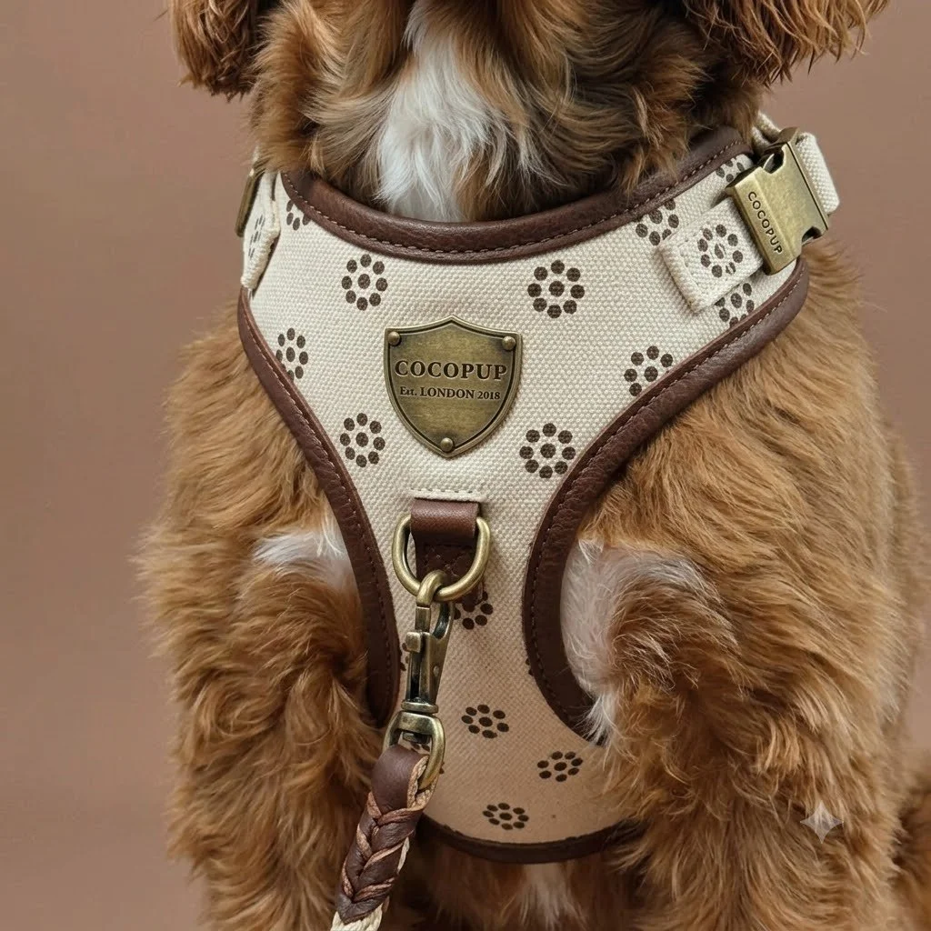 Coco Pup harness and leash on dog — product detail