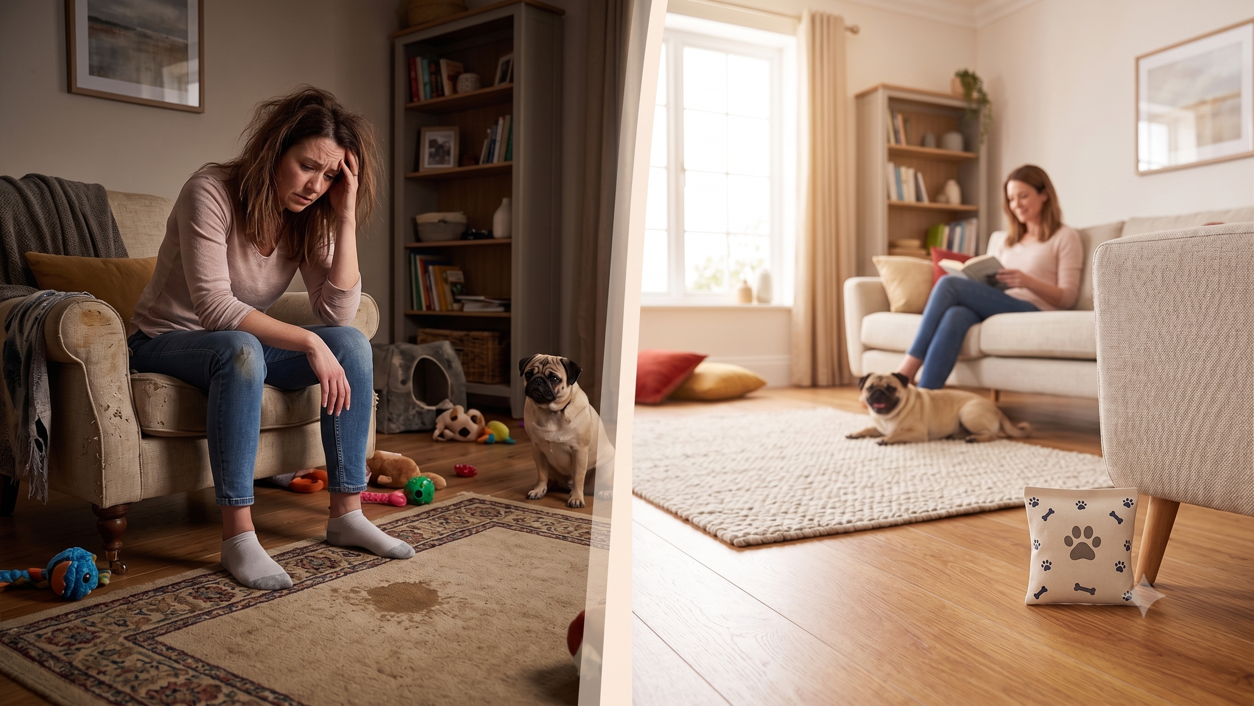 Before and after — stressed marked home vs. clean home with NOPEE