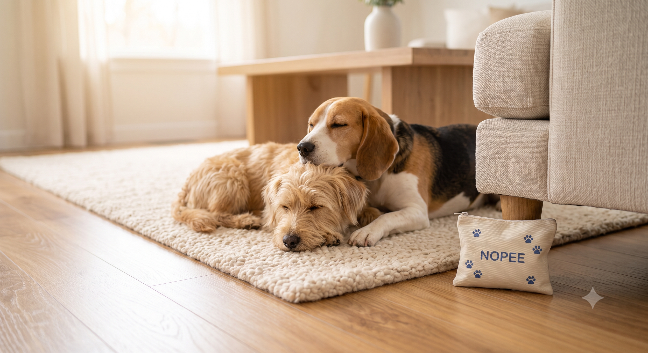 Two dogs lounging together indoors with NOPEE sachet