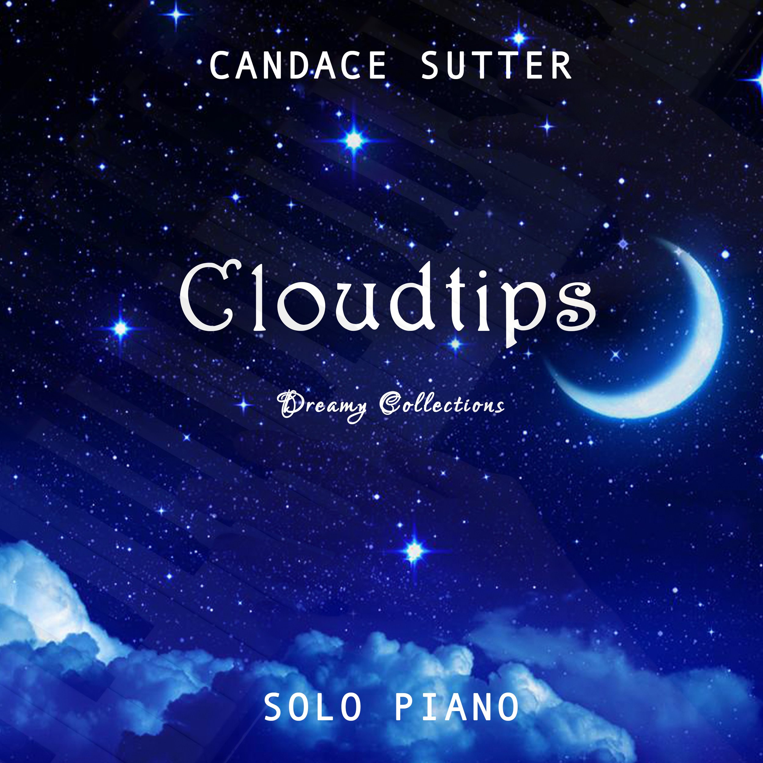 Cover image of a music album titled "Clouds Solo Piano" by Dreamy Collections, featuring a space scene with stars, clouds, and a moon in the background.