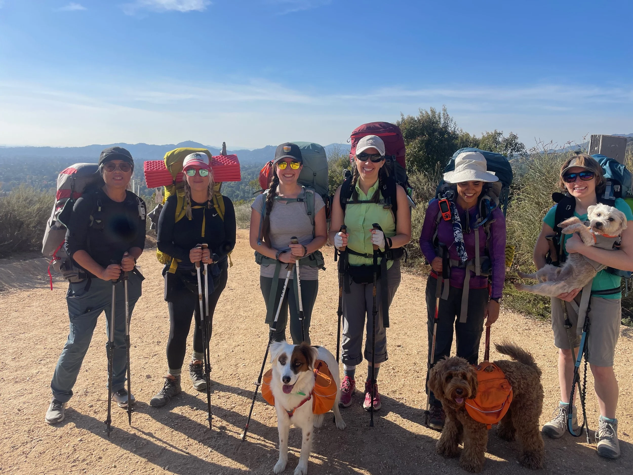Group of hikers posing on a dirt trail with backpacks and hiking poles, two dogs with orange packs, sunny weather and blue sky.