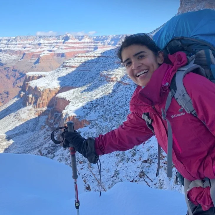 Person in red jacket hiking in a snowy canyon landscape, carrying a backpack and holding a trekking pole.