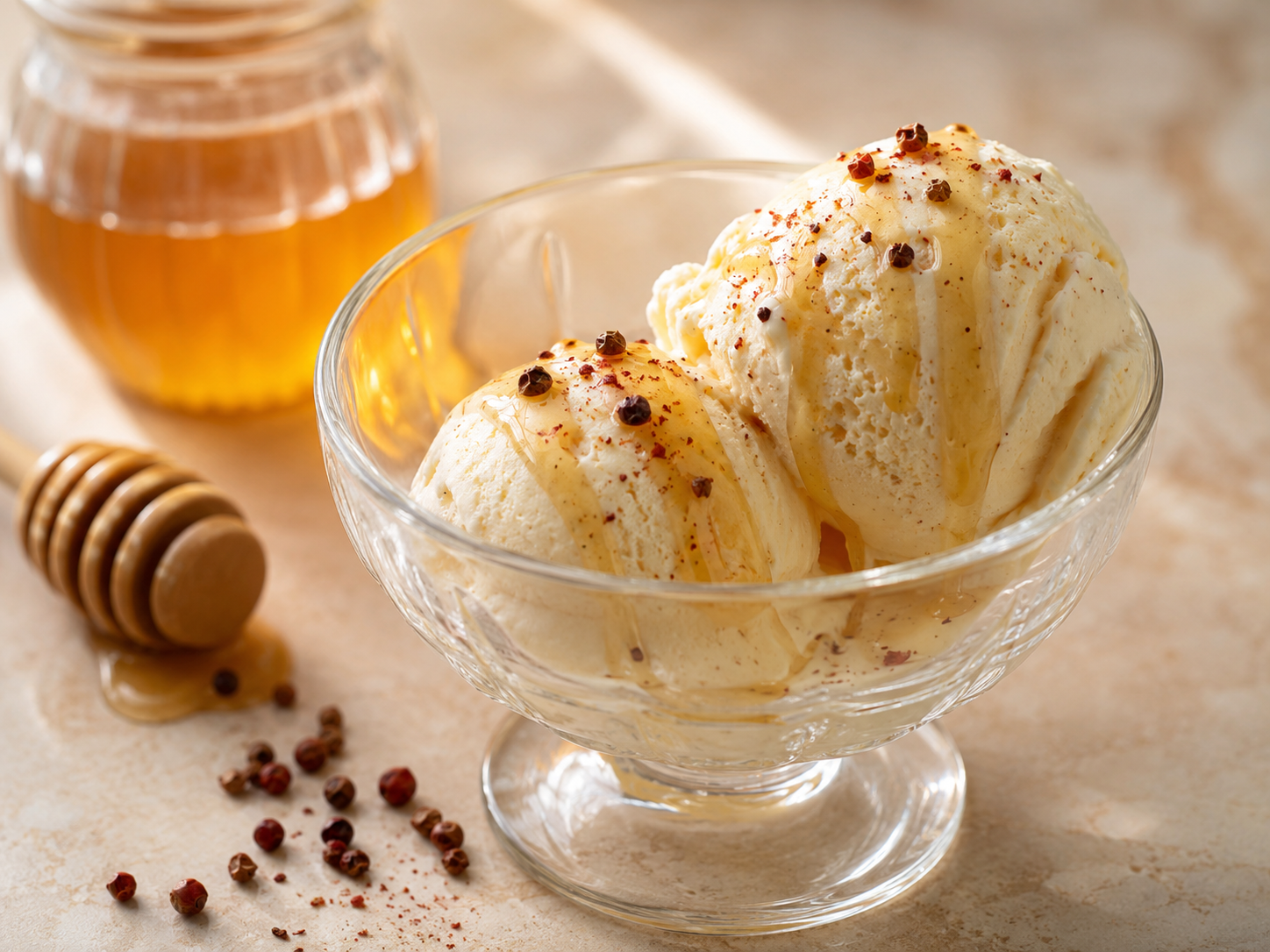 Vanilla Ice Cream with Honey and Red Kampot Pepper