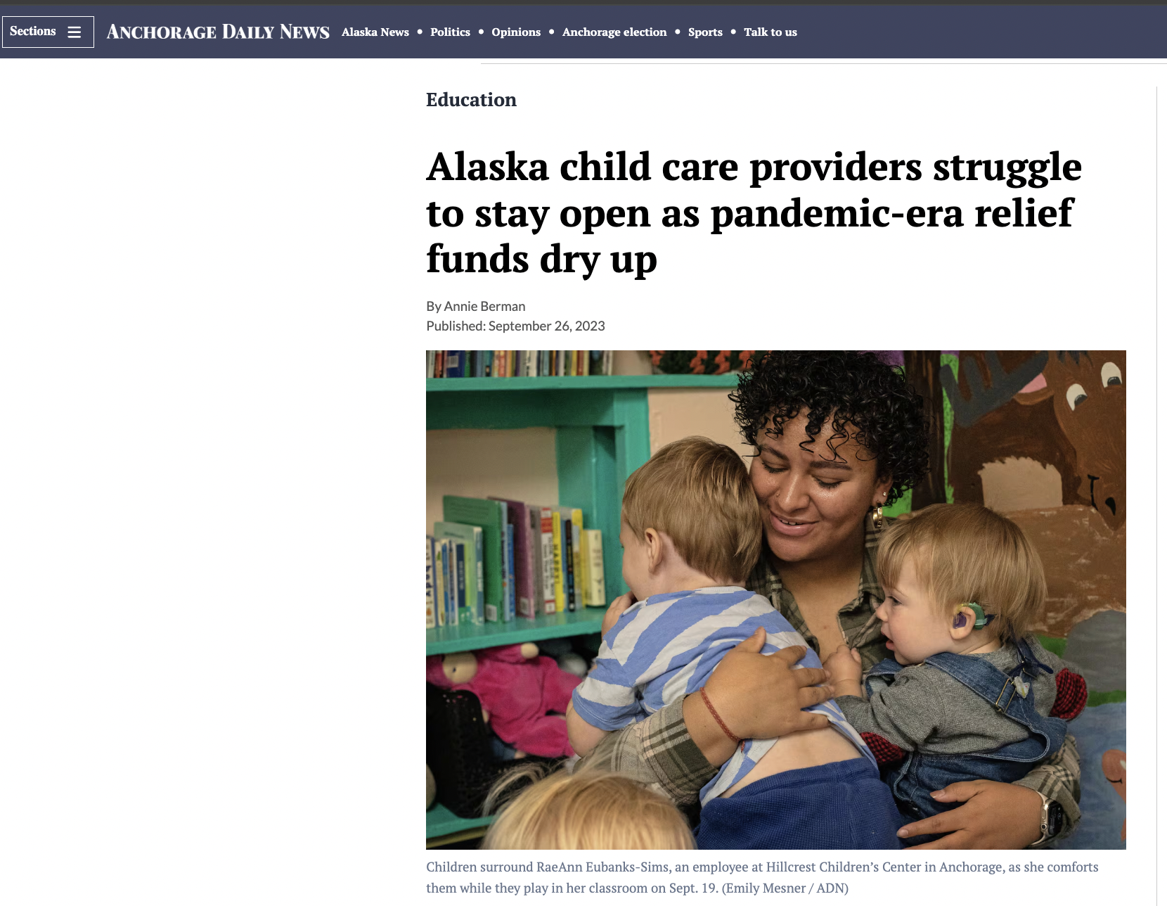 Anchorage Daily News article for which I provided significant background and contacts, September 2023 