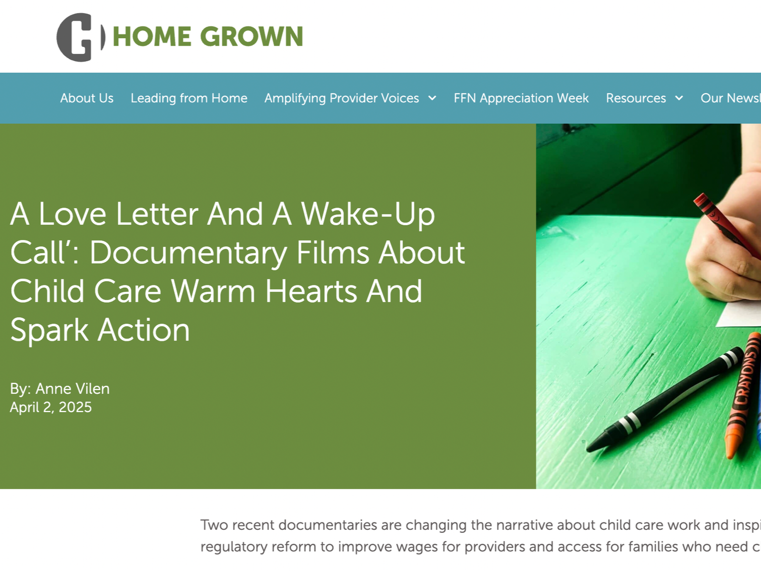 Homegrown (national non-profit) blog article about my film & a California-based film, April 2025