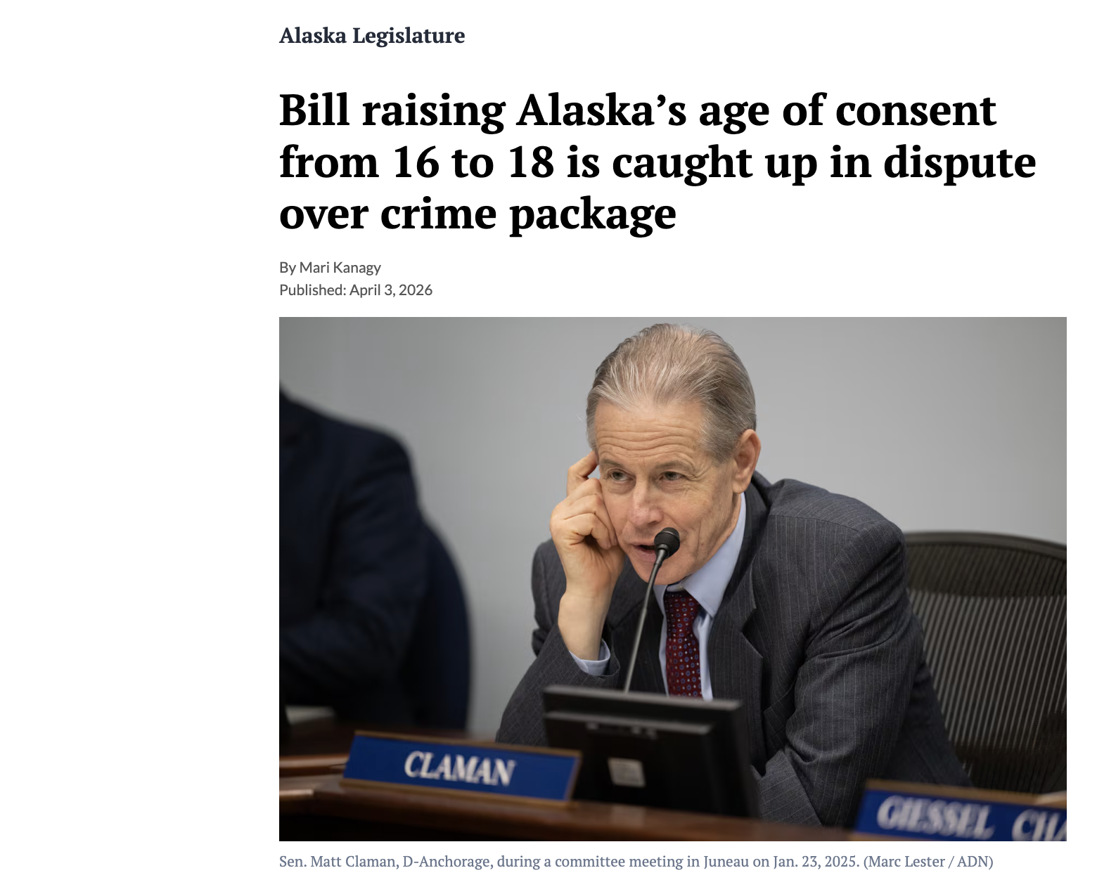 Anchorage Daily News article that quotes my testimony, April 2026