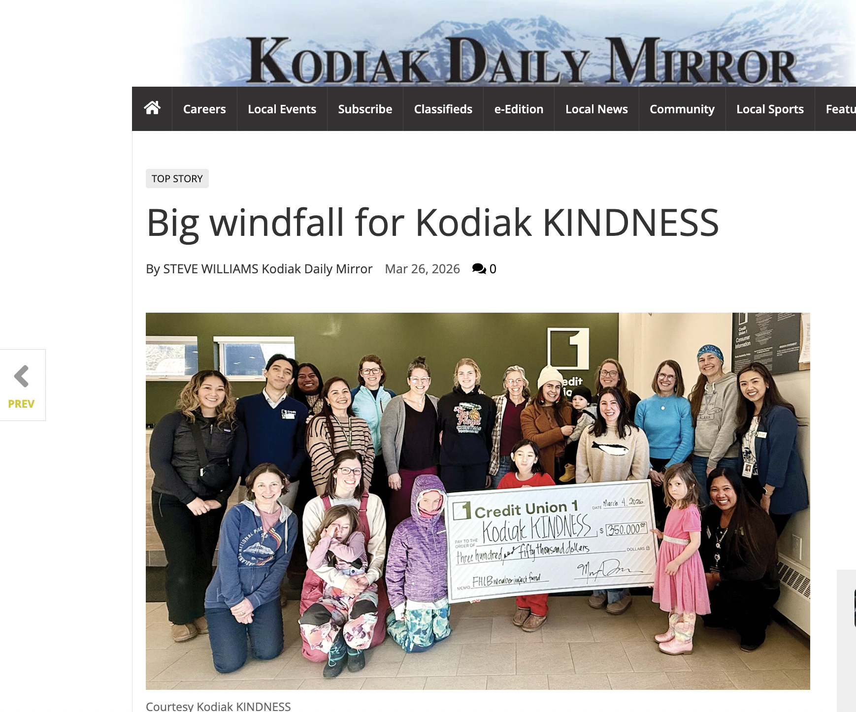 Kodiak Daily Mirror article that mentions my role in this non-profit receiving a large donation, March 2026