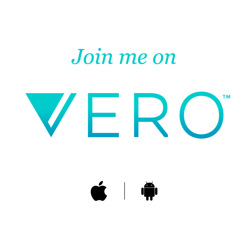 Black background with blue text that says "Join me on VERO," with the VERO logo featuring a check mark inside a downward-pointing triangle as part of the letter V.