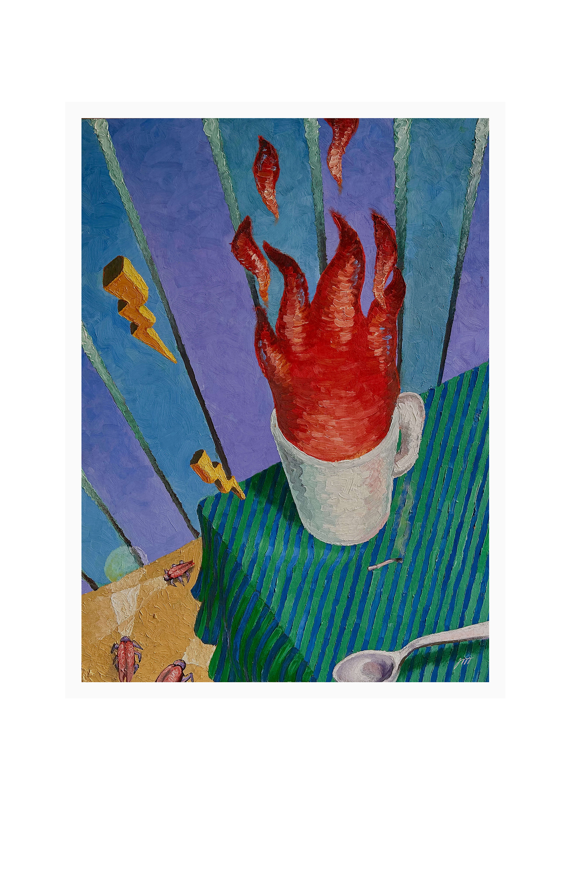 surreal still life of a flaming coffee cup on a striped table, with cockroaches scattered below and bold geometric background