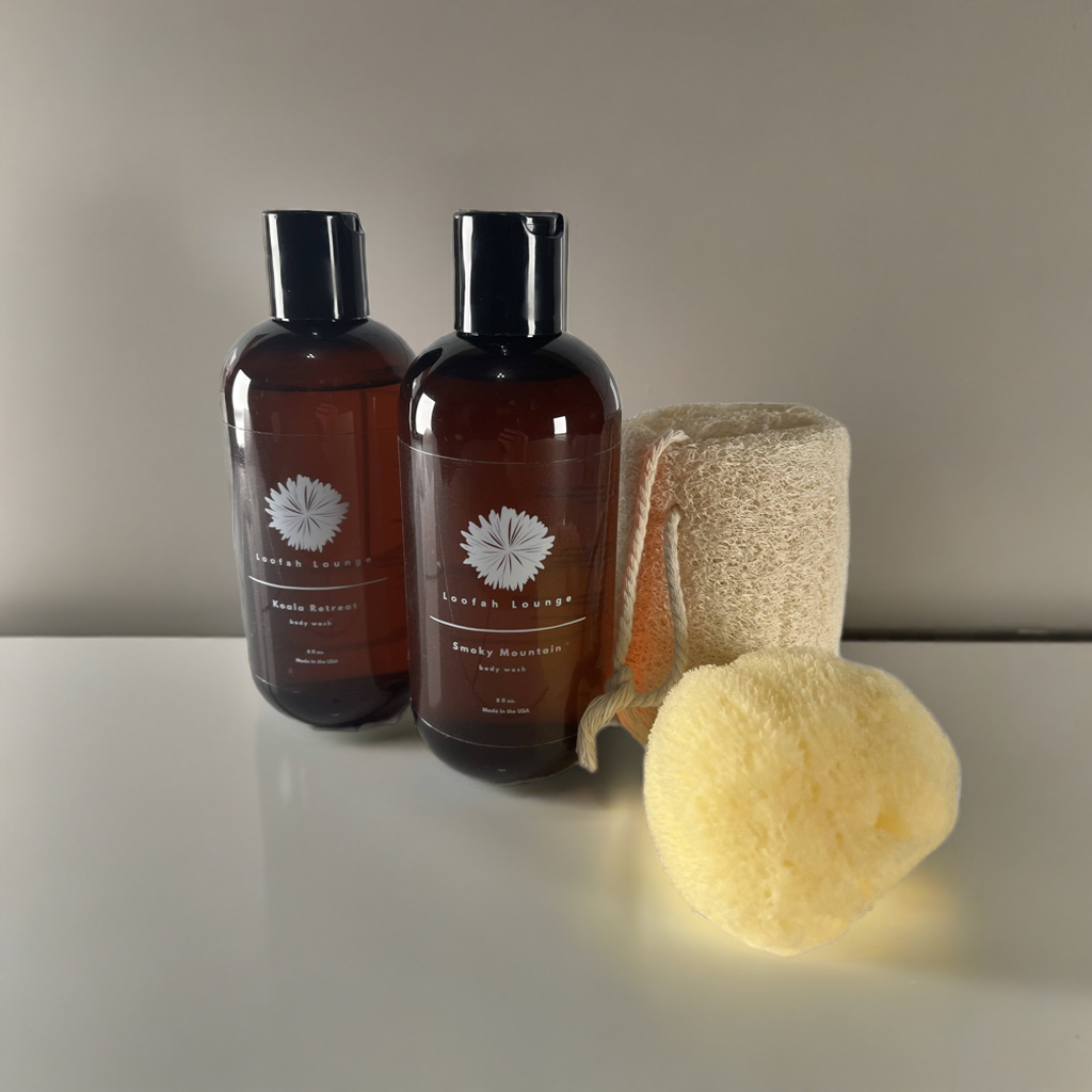 Loofah Lounge Duo Package | Natural Loofah or Sea Sponge Scrubber | Safe Ingredient Bodywash
