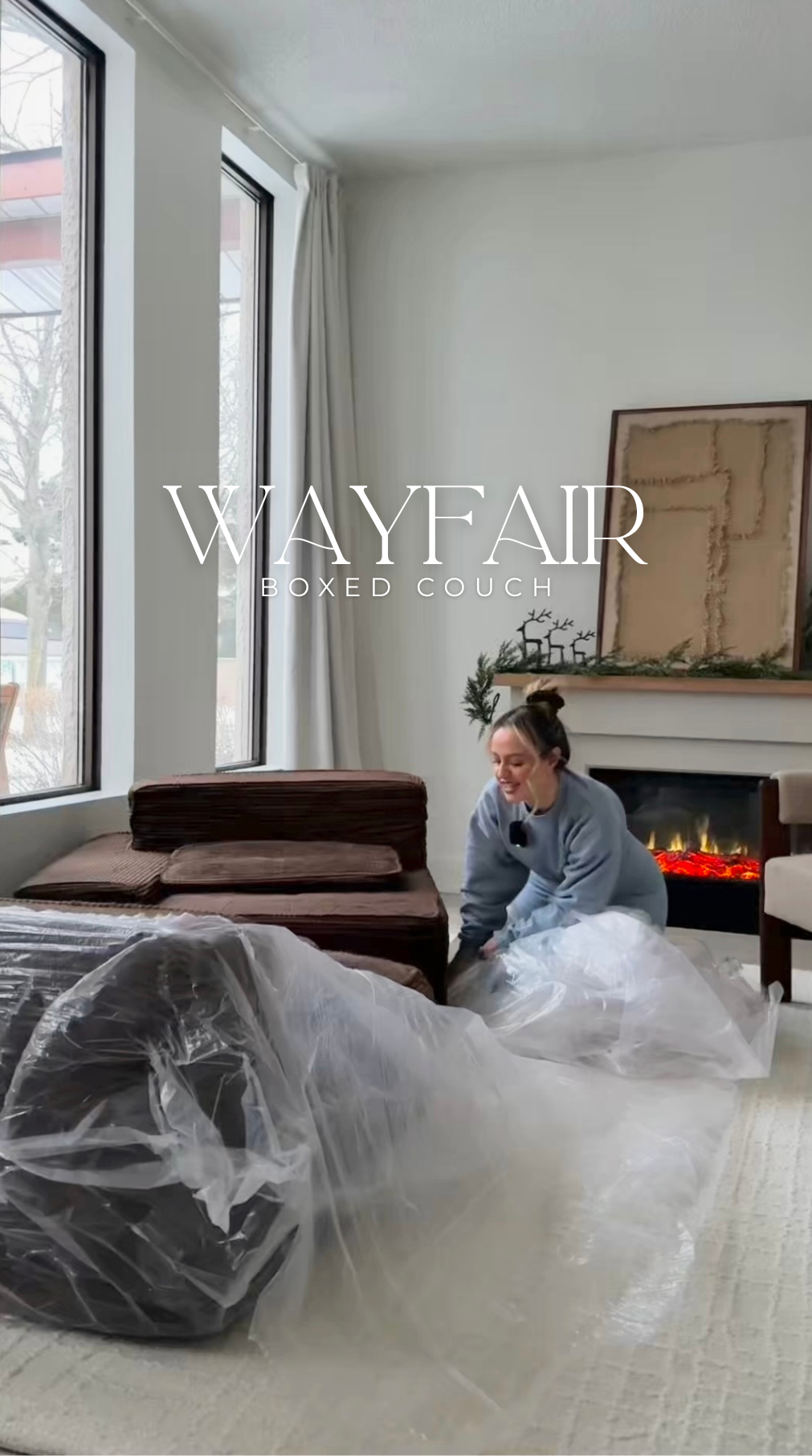 Brown wayfair Corduroy couch &amp; amazon limewash mantle fireplace