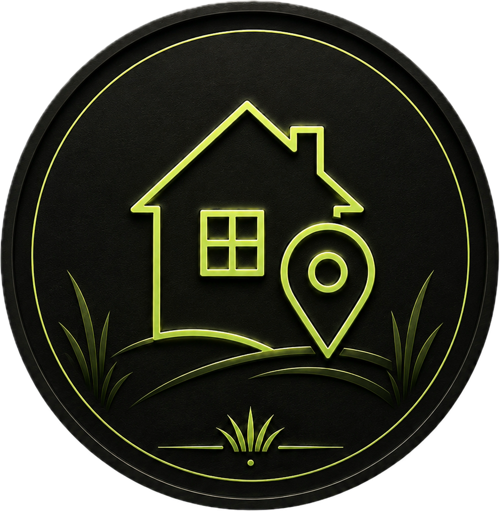 Neon-style house with a location pin inside a circular black background with some grass detail.