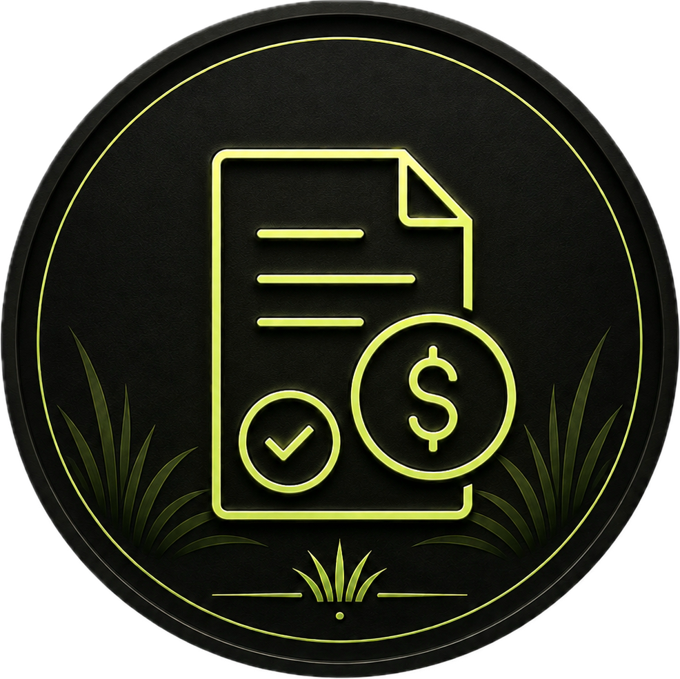 Neon icon of a financial document with a checkmark and a dollar sign, surrounded by grass, on a black circular background