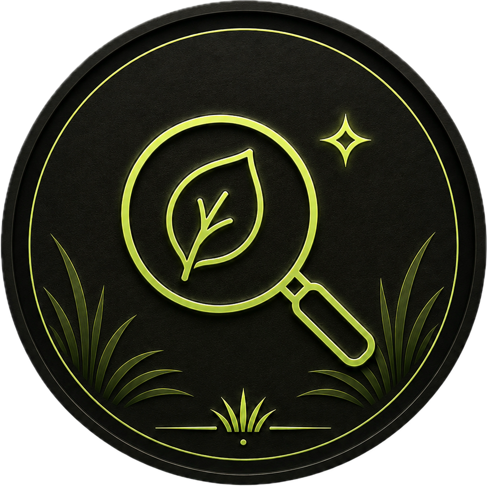 Neon sign featuring a magnifying glass with a leaf inside, surrounded by grass and a sparkle, symbolizing environmental or eco-friendly investigation.