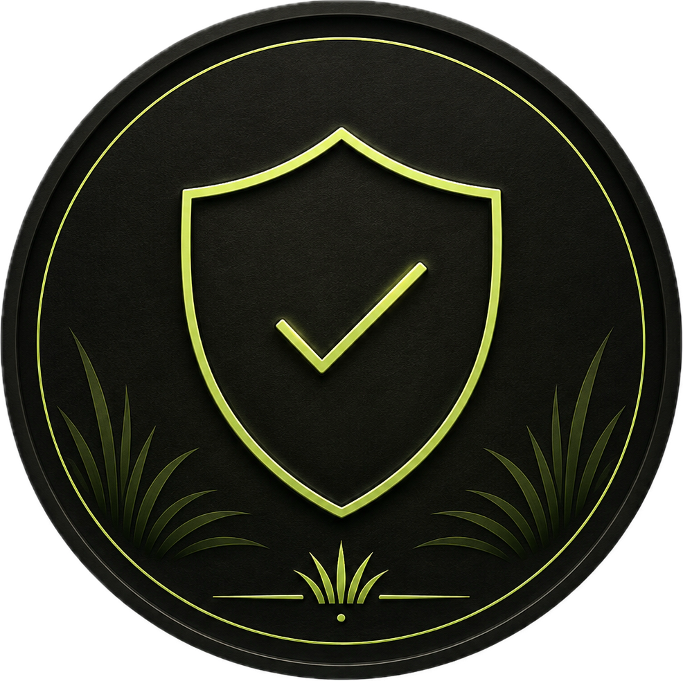 A circular sign with a black background and yellow-green outline. Inside, a shield symbol with a checkmark in the center. There are decorative grass elements along the bottom edge of the sign.