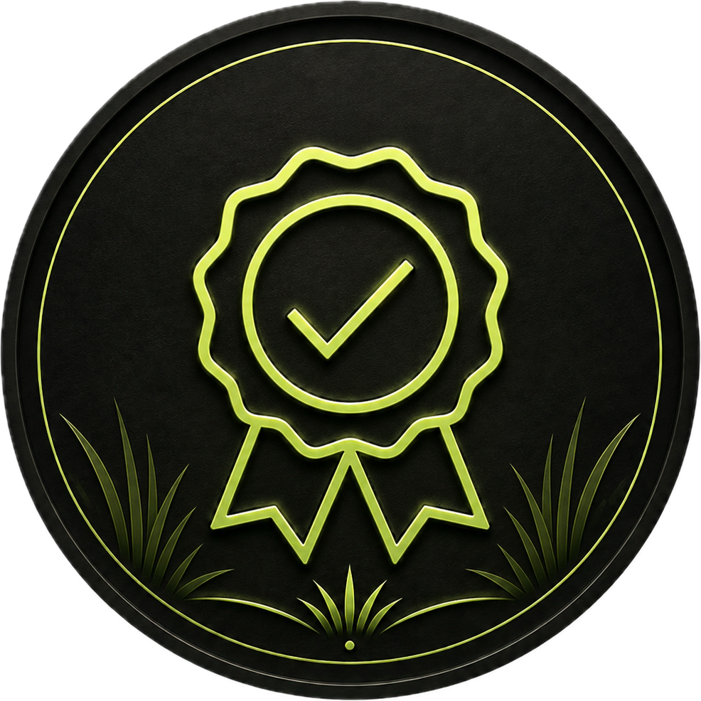 Neon sign of a certification badge with a check mark inside, surrounded by grass, on a black circular background.