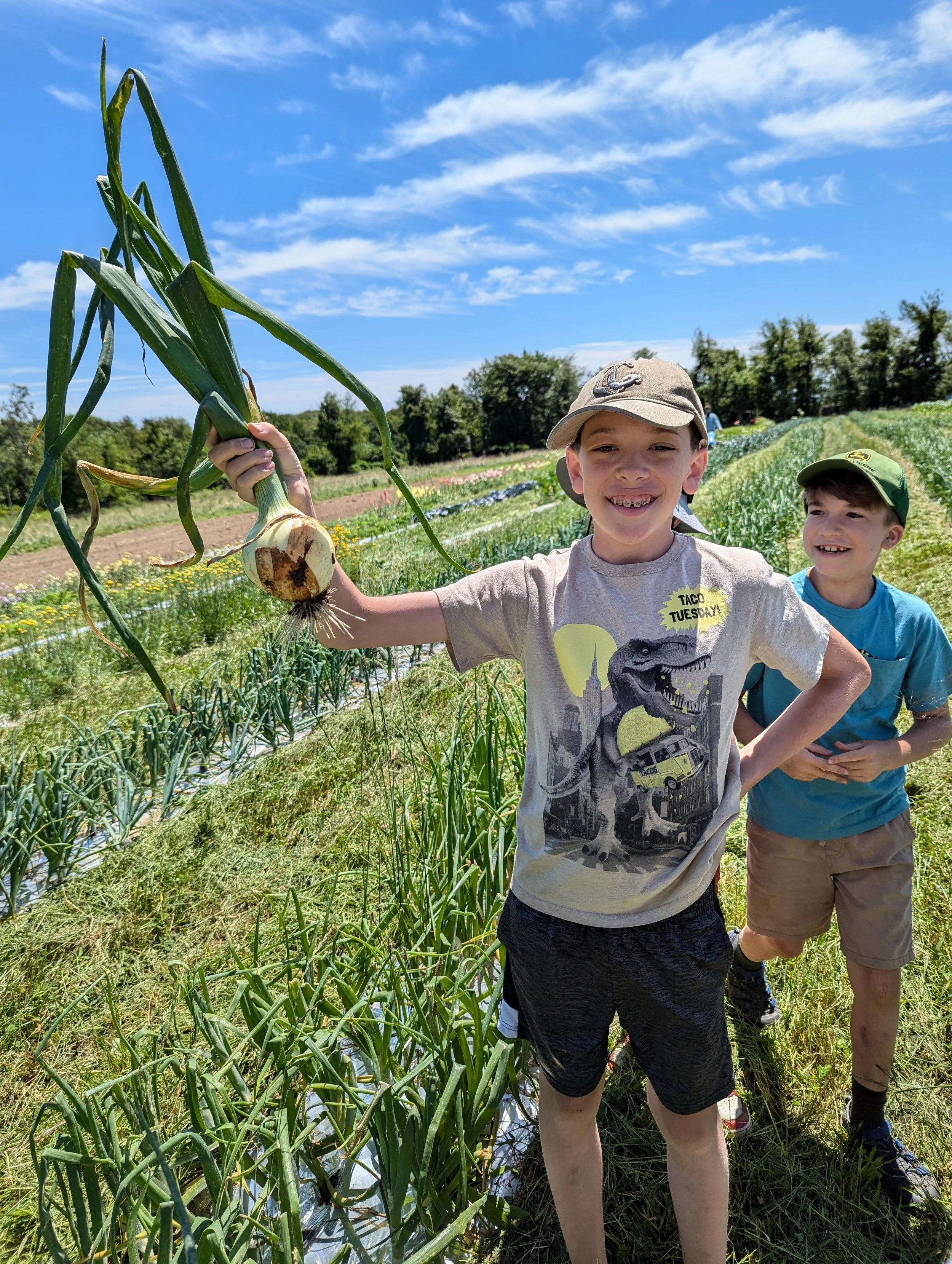Two young boys in a farm field holding a large onion, smiling under a blue sky with clouds.