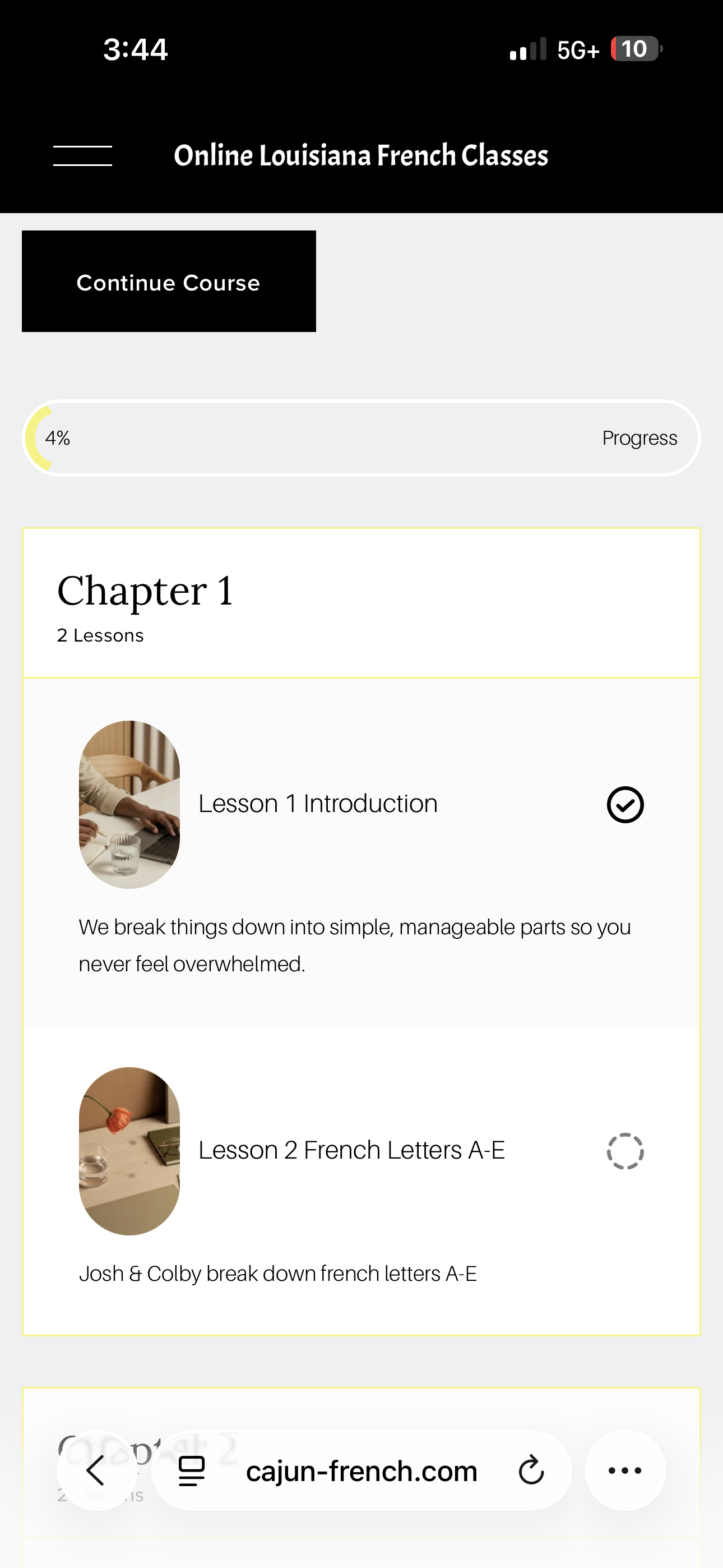 Screenshot of an online Louisiana French language course app showing Chapter 1 with two lessons, including lesson titles and descriptions.