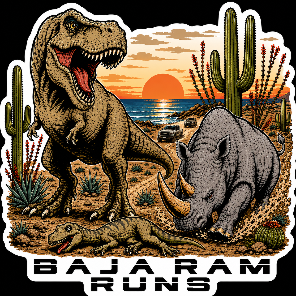 Baja Ram Runs Apex Predator vinyl decal featuring a T. rex, rhino, Ram trucks, Baja desert landscape, and hidden defeated raptor in vintage off-road artwork.
