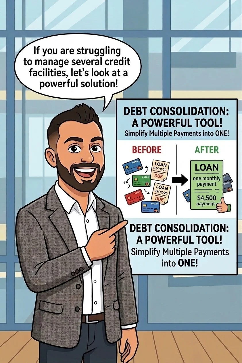 Debt consolidation through a home loan — credit card, personal loan, and car loan icons flowing into a house, IQ+ Loans