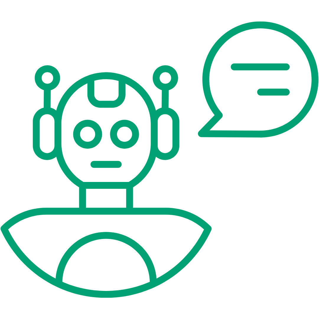 En ikon av en robot med en pratbubbla som indikerar konversation eller kommunikation.