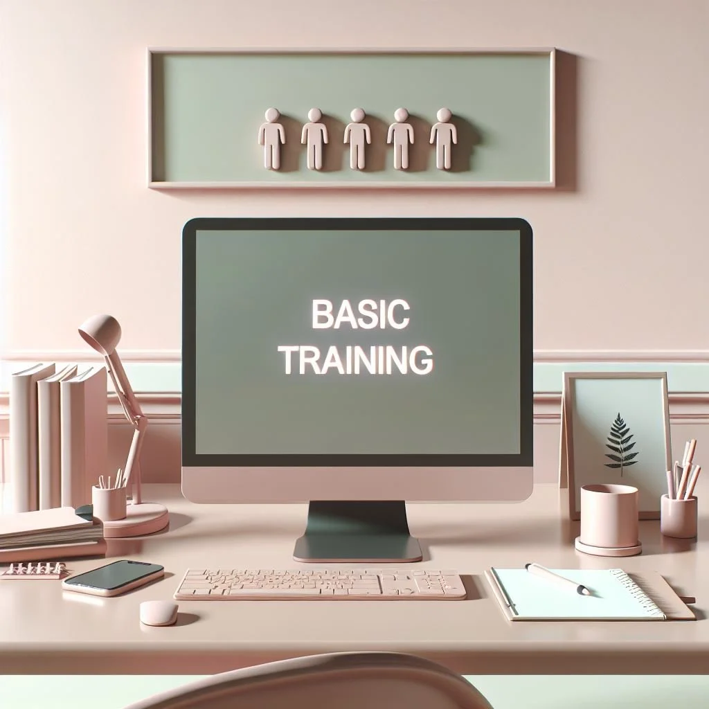En kontorsskärm med texten 'BASIC TRAINING' på. Skrivbord med glasögon, pennor, bokstöd, föremål i kopparfärg, och en vägg med prydnad av fem människofigurer.