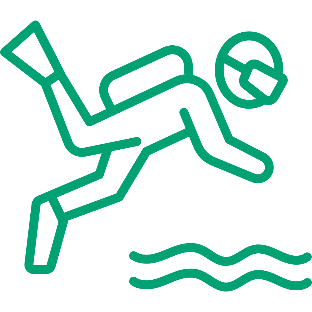 En illustration av en dykare som simmar med syrgastub, glasögon och simfötter.
