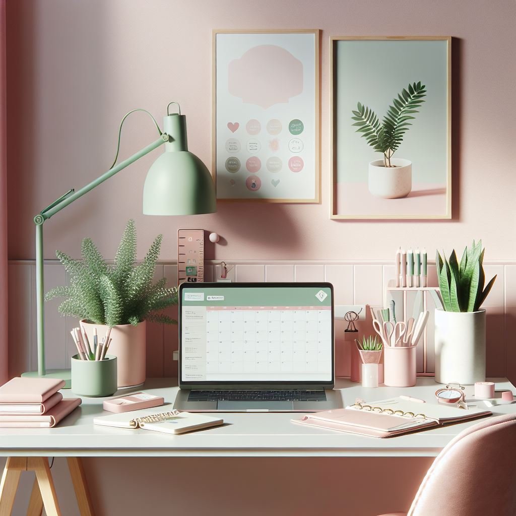 Ett skrivbord med en laptop, växter, skrivbordsorganisatör, och blommor i rosa och gröna nyanser, mot en ljusrosa vägg med två bilder.