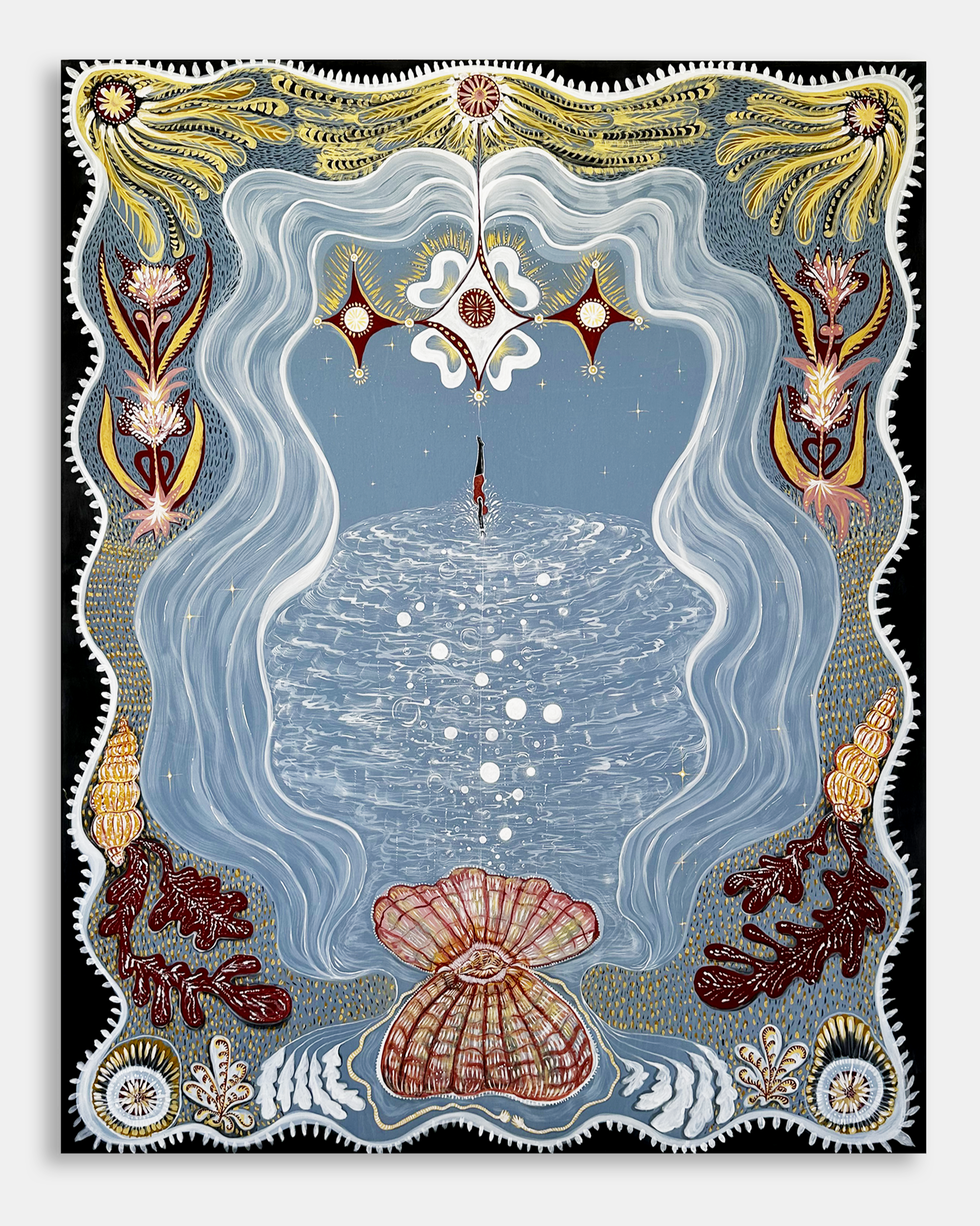    La Piscine / Swimming Pool      Selected for ‘ Transforming Traditions: Art and Folklore in 2025 ’ at Yavapai College Art Gallery (Oct 3 - Nov 7 2025).  Acrylic &amp; India ink on cupro silk, 2025 50” x 64”   All Rights Reserved © marinadesalis.co