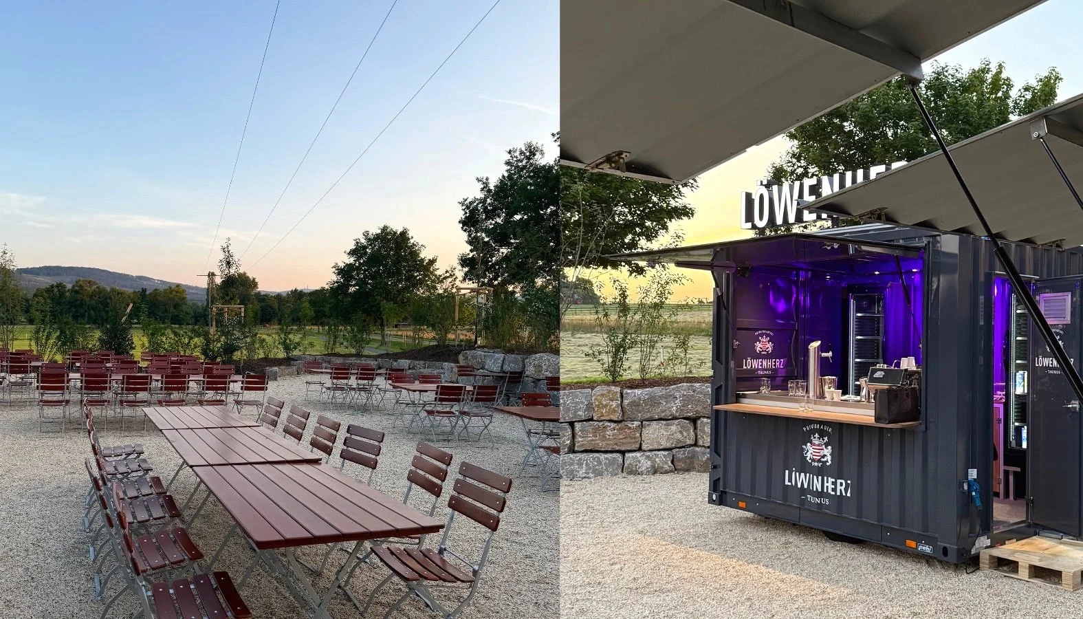 Aussenbereich Schankwirtschaft - Linke Seite: Ein leerer Außenbereich mit Tischen und Stühlen bei Sonnenuntergang. Rechte Seite: Eine mobile Bar aus einem umgebauten Container mit Beleuchtung, das Wort 'LÖWENHERZ' sichtbar, bei Sonnenuntergang