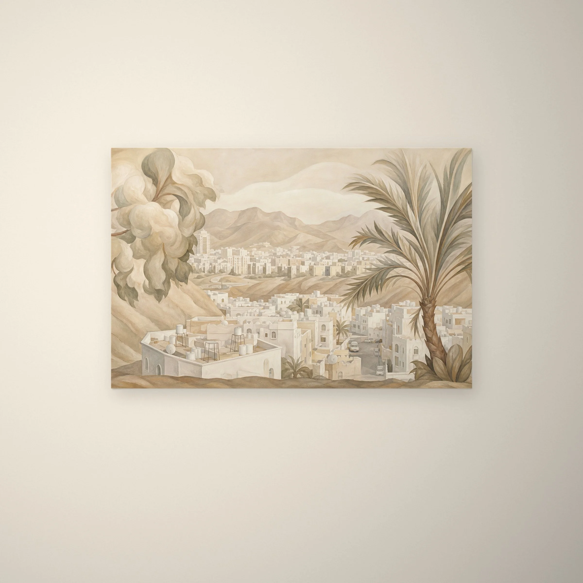VXNSTOCK Muscat 005 | Rooftops and Palm Mural Painting — Muscat Oman Poster