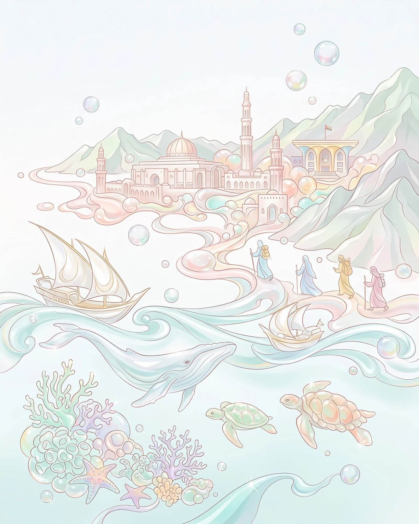 VXNSTOCK Muscat 001 | Muscat Seafaring Odyssey – Pastel Illustrated Oman Poster