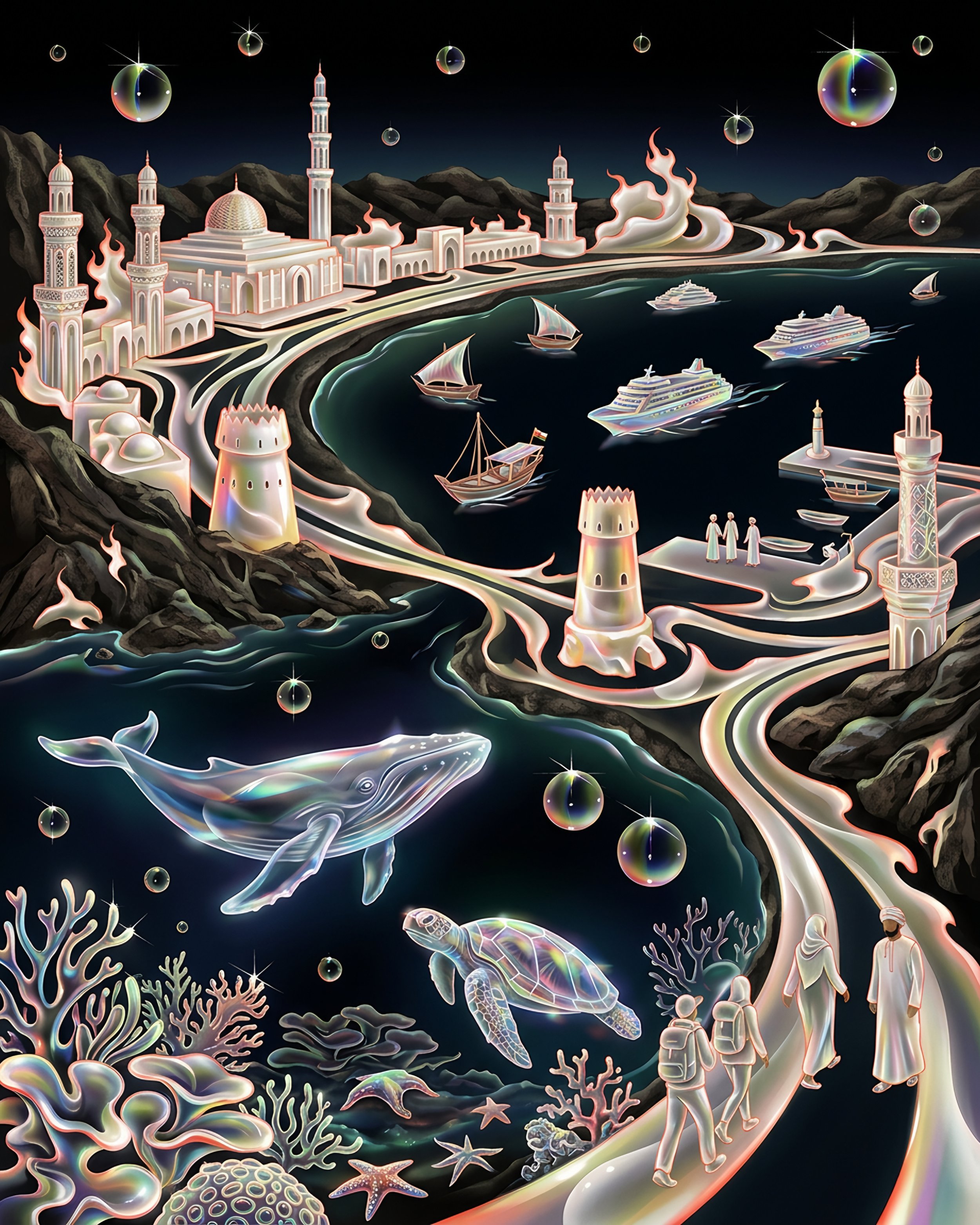 VXNSTOCK Muscat 002 | Muscat Night Odyssey – Iridescent Dark Oman Poster |
