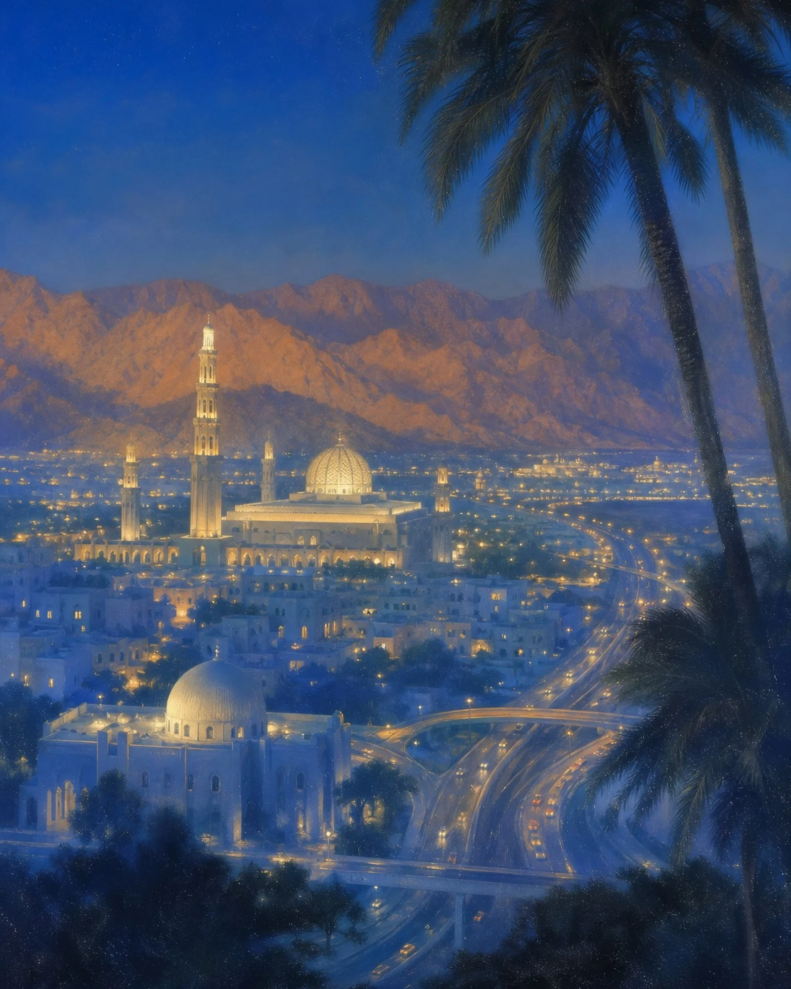 VXNSTOCK Muscat 004 | Grand Mosque Night Painting — Muscat Oman Poster