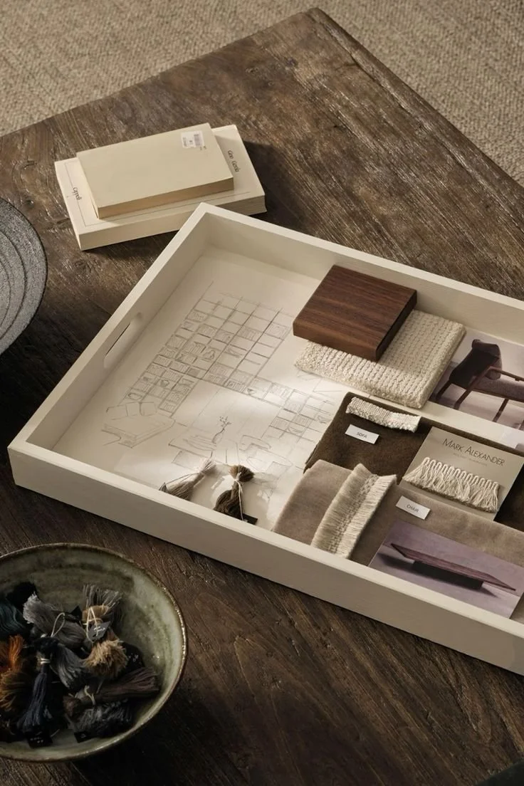 Échantillons de matériaux et de tissus pour la décoration intérieure, avec échantillons de bois, tissu, couleurs, et mood board dans une boîte blanche sur une table en bois.