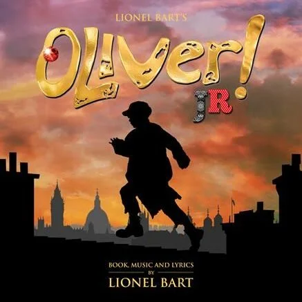 Cover of the book 'Oliver! R!' by Lionel Bart, featuring a silhouette of a boy running, with a city skyline and an orange and pink sunset in the background.