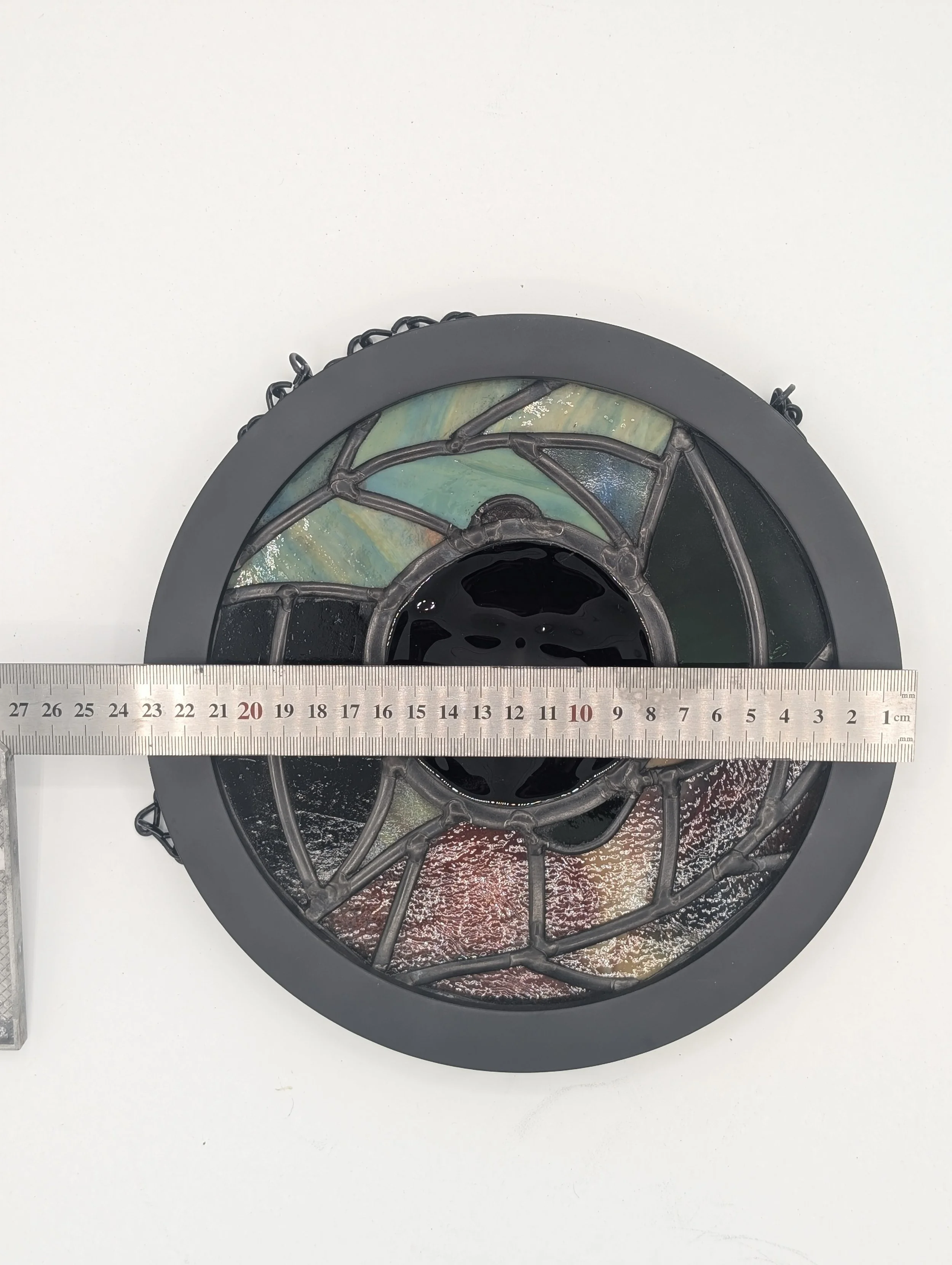 Violet Muse stained glass wall hanging with ruler showing 20cm