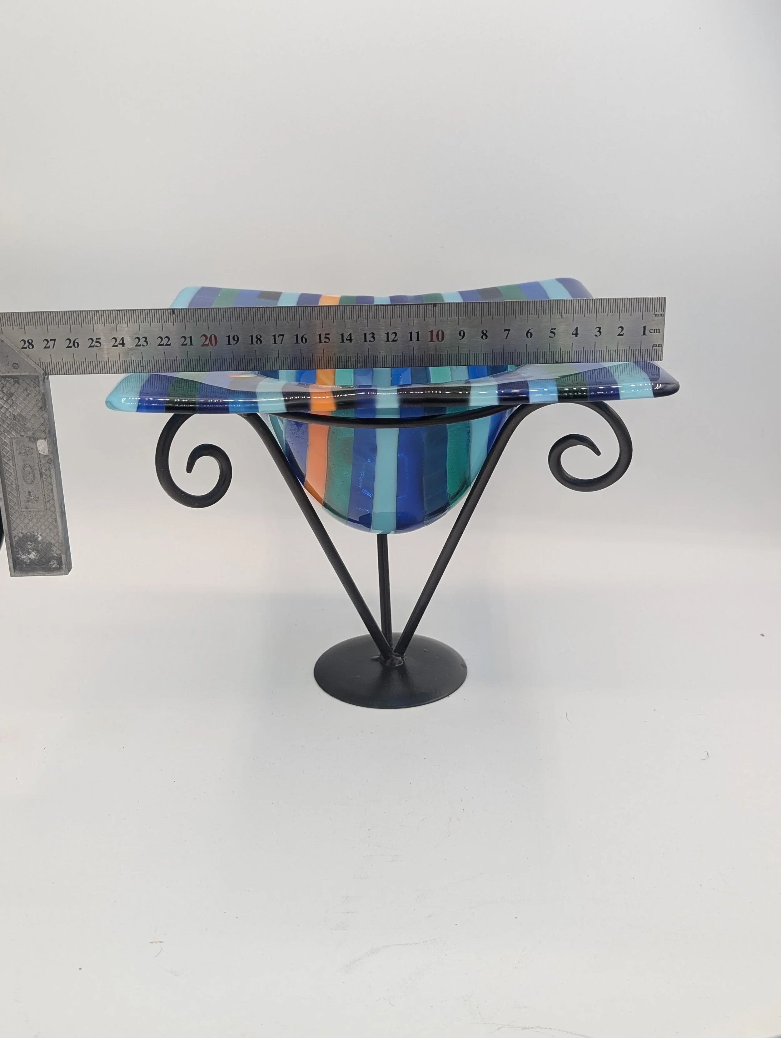 Ocean Ribbon fused glass vessel with ruler showing approximately 24cm across the rim