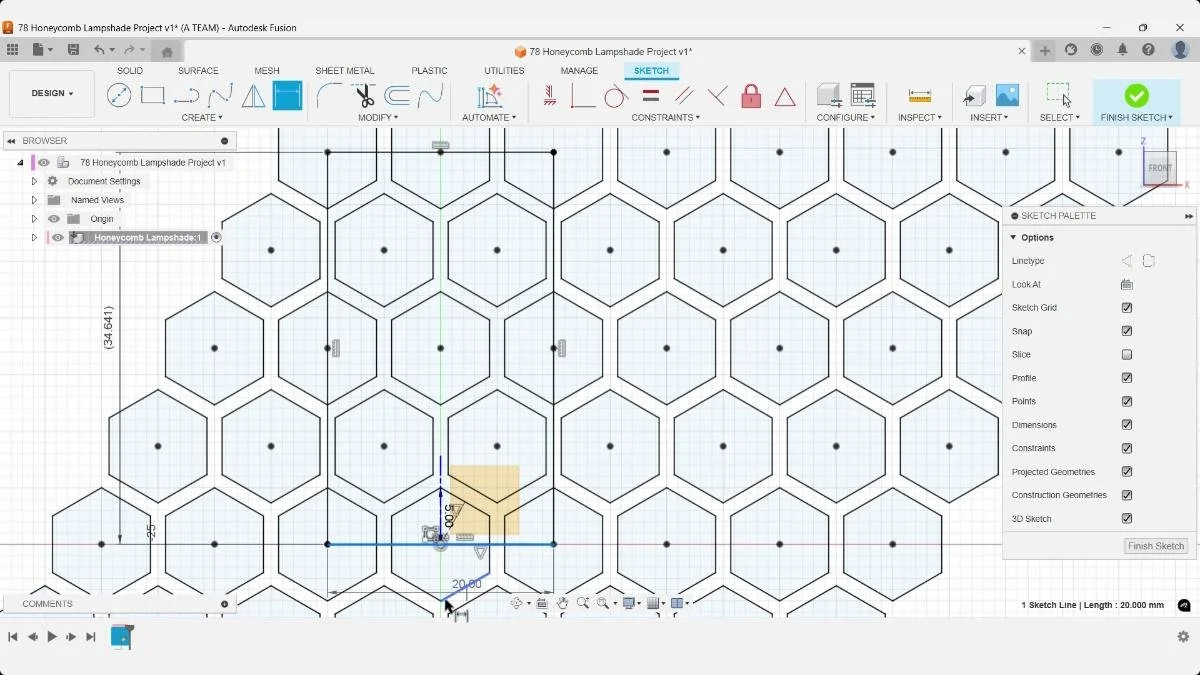 Fusion honeycomb lattice sketch with centered reference lines across the repeated hexagon pattern.