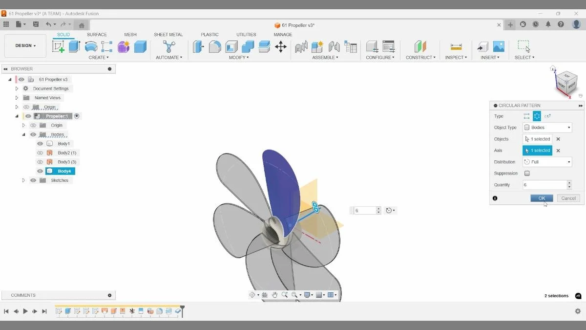Fusion circular pattern duplicating propeller blade around hub.