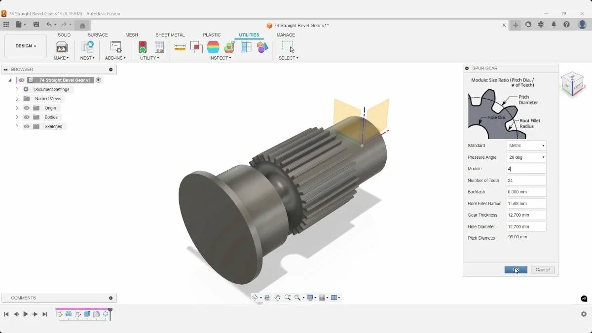 Spur Gear script settings with module 4 and 24 teeth in Fusion